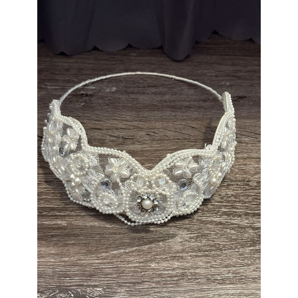 Vintage Beaded Lace Floral White Wedding Crown Tiara Princess Costume 80s 90s